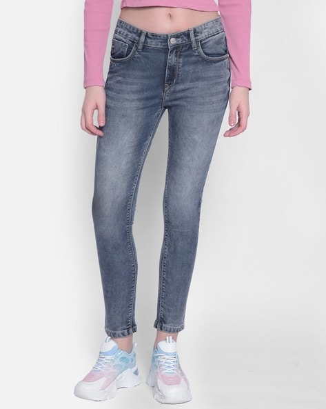 Buy CRIMSOUNE CLUB Blue Solid Cotton Blend Skinny Fit Girls Jeans |  Shoppers Stop