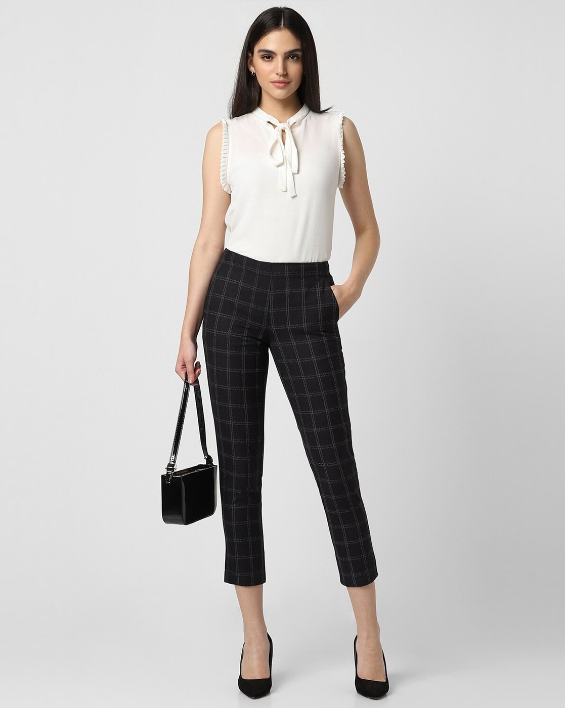 Rareism Women's Zivaa Black Polyester Fabric Full Sleeves Button Closure  Lapel Neck Tailored Fit Checked Blazer(XXS)