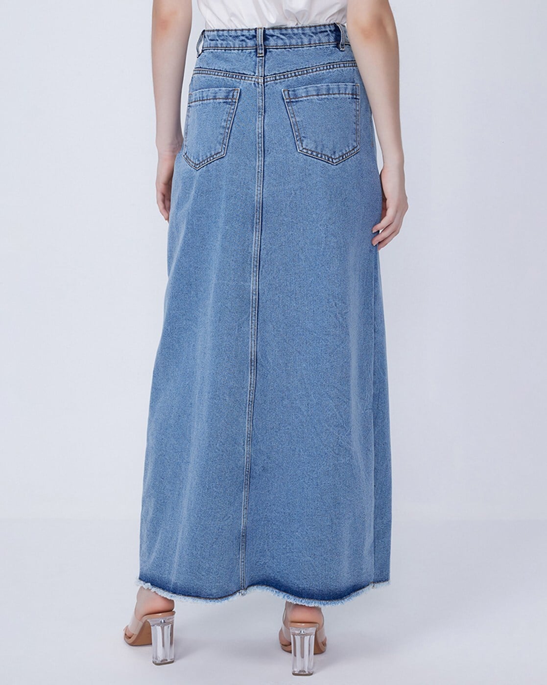 Front Split Maxi Denim Skirt Blue | Denim fashion, Denim maxi skirt, Skirt  trends