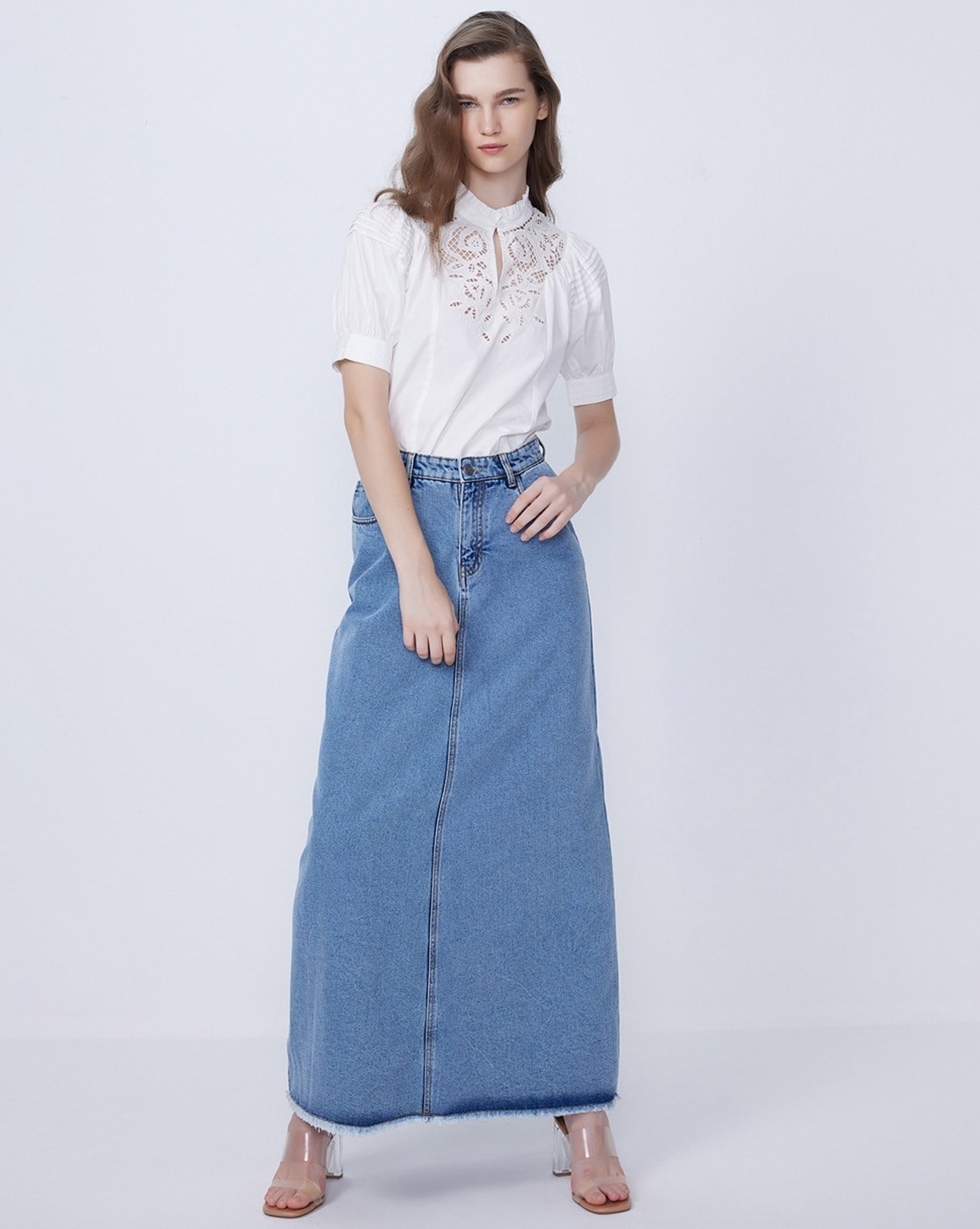 Buy online Solid Blue Denim A-line Skirt from Skirts & Shorts for Women by  Peptrends for ₹1299 at 32% off | 2024 Limeroad.com