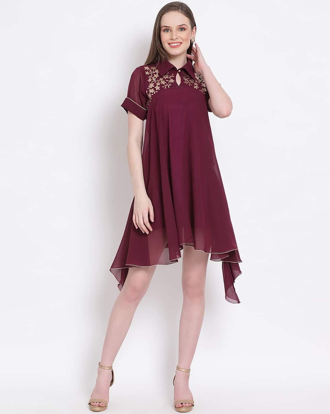 Draax Fashions Women Regular Fit Embroidered A-Line Dress with Collar Neck (Maroon)