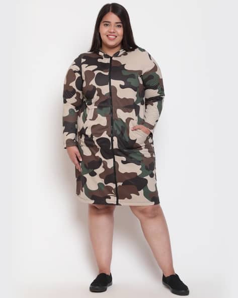 Women Camouflage Zip-Front Shirt Dress
