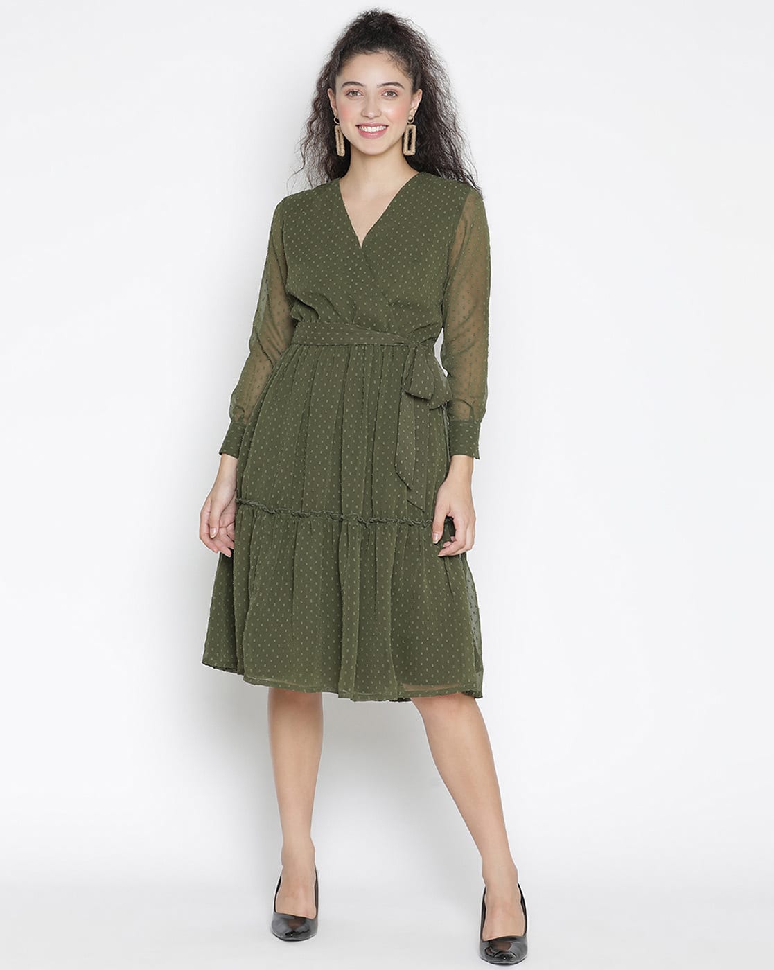 Draax Fashions Women Regular Fit Polka-Dot A-Line Dress with V-Neck (Green)