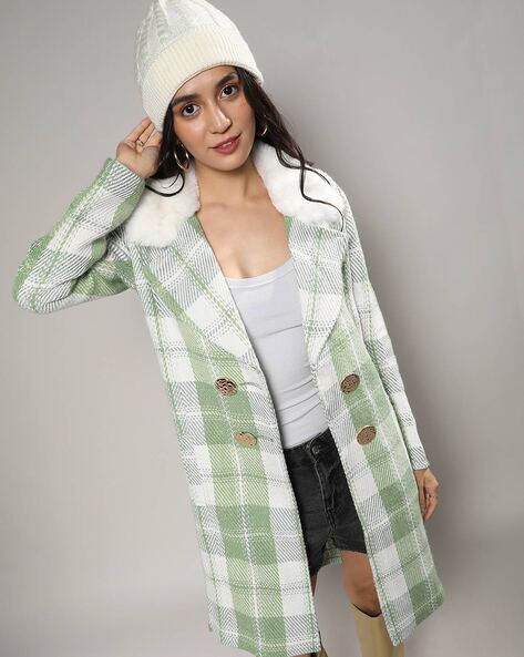 Women Regular Fit Checked Long Coat with Button Closure