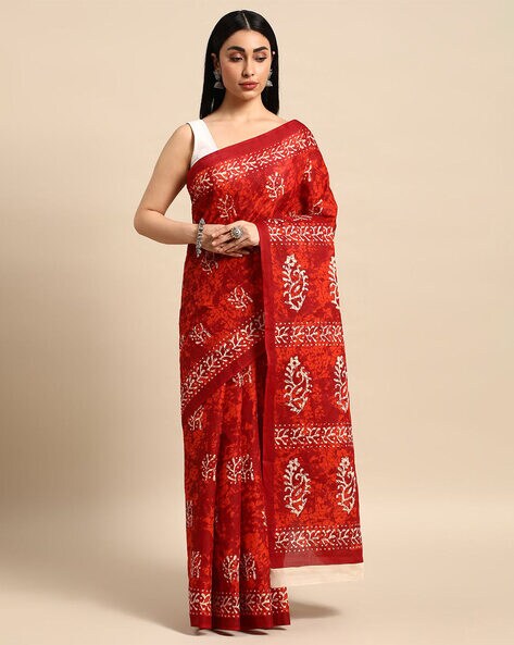 Green batik-style Printed Cotton Saree with unique buttas, contrast big  border & intricate pallu