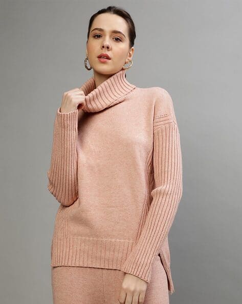 Women Turtleneck Pullover with Ribbed Hems
