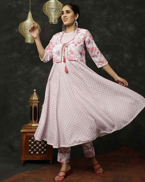 Cotton Grey Ladies Printed Flared Kurta Set, Size: S-2XL at Rs