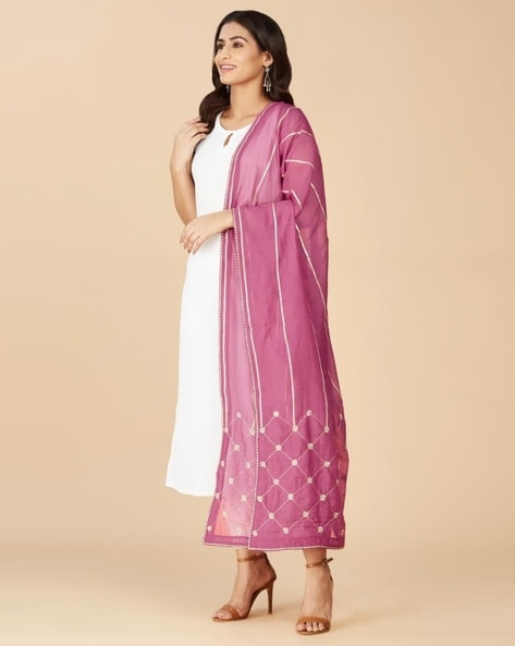 Women Embroidered Cotton Silk Dupatta Price in India