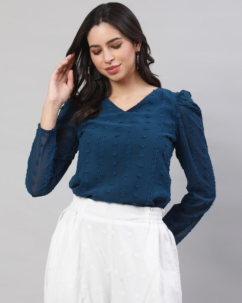 Women Relaxed Fit Embroidered V-Neck Top
