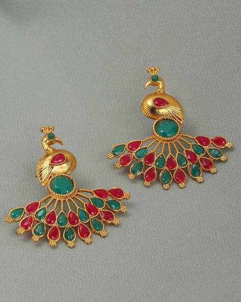 Gold Dipped Silver Peacock Earrings in Green Stones - Desically Ethnic