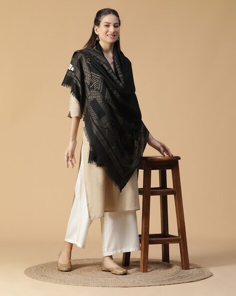 Geometric Woven Shawl with Frayed Hem Price in India