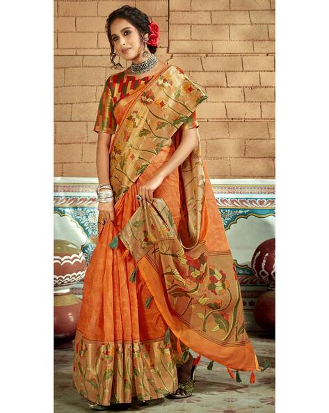 Buy Red Saffron Hand Embroidered Saree With Unstitched Blouse by RI RITU  KUMAR at Ogaan Online Shopping Site