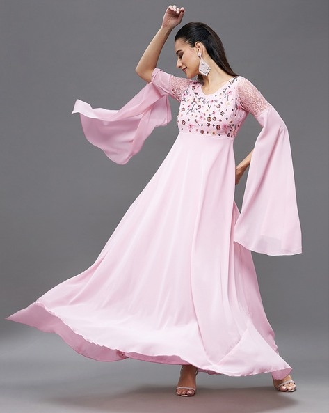 Buy Georgette Printed Pink Gown Online