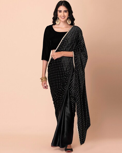 Black faux georgette embroidered pre stitched saree - Clemira - 4262797