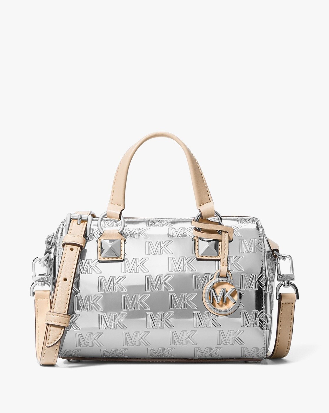 Buy Michael Kors Grayson Logo Embossed Patent Small Duffel Crossbody Bag Silver Color Women AJIO LUXE