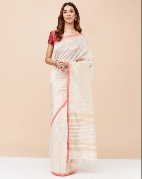 Buy Fabindia Red Cotton Silk Blend Woven Saree without Blouse online