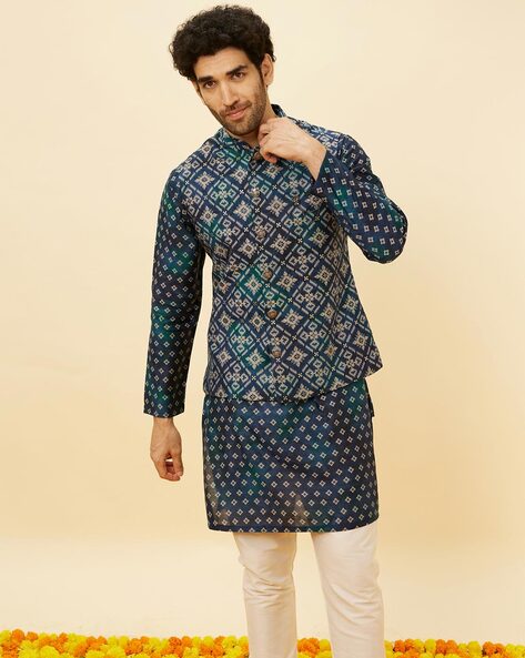 Manyavar Kurta Jacket Set for Men, Full Sleeves Mandarin Collar Ethnic Kurta  Jacket Set for Festival, Wedding, Party Blue : Amazon.in: Fashion