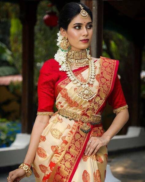 Buy Chhabra 555 Cream Red Banarasi Paisley Motifs Stone Embellished Silk  Saree With Contrast Border Online at Best Prices in India - JioMart.