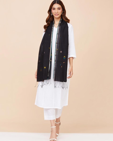 Women Geometric Woven Stole with Fringes Price in India