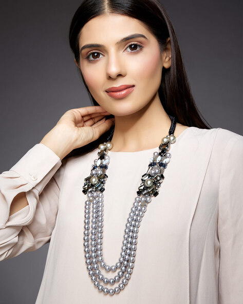 Magda Butrym Silver & White Double Crystal Beads & Pearl Necklace Magda  Butrym