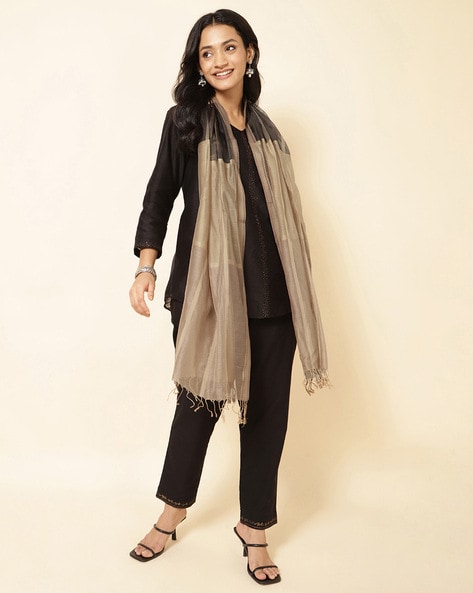 Women Striped Cotton Silk Stole with Fringes Price in India