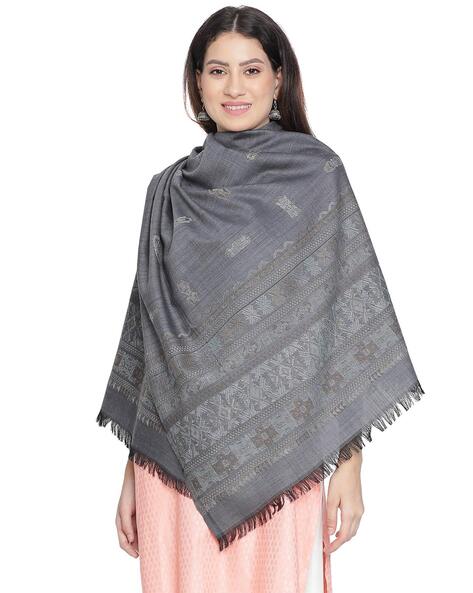 Jacquard Wool Stole with Frayed Hem Price in India