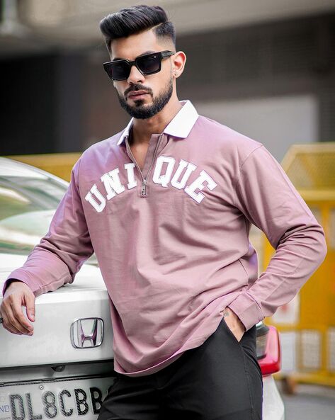Men Typographic Print Oversized Fit Polo T-Shirt