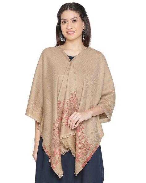 Jacquard Woven Wool Shawl with Frayed Hem Price in India