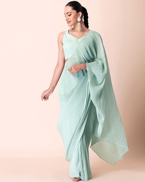 Buy Tasuvure Blue Pleated Pre-stitched Saree With Blouse Online | Aza  Fashions