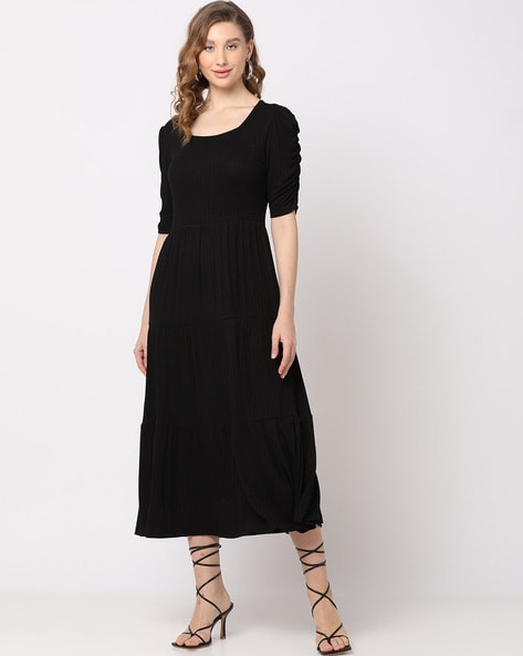 Women Fit & Flare Dress with Ruched Sleeves