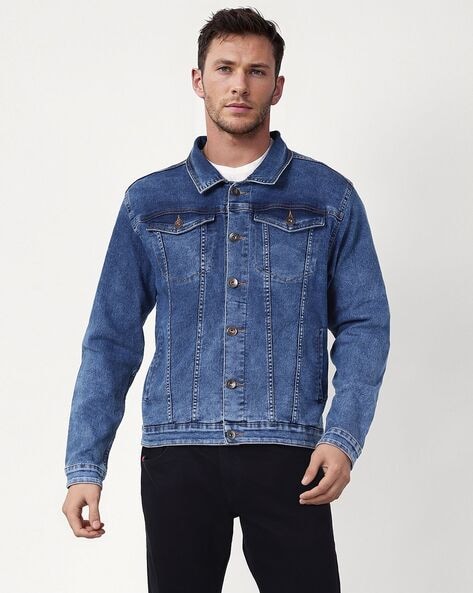 Men Denim Jacket with Flap-Buttoned Pockets