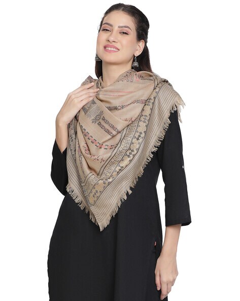 Women Geometric Woven Stole with Frayed Hem Price in India