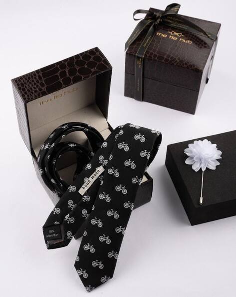 THE TIE HUB Men Bicycle Print Tie & Lapel Pin Set