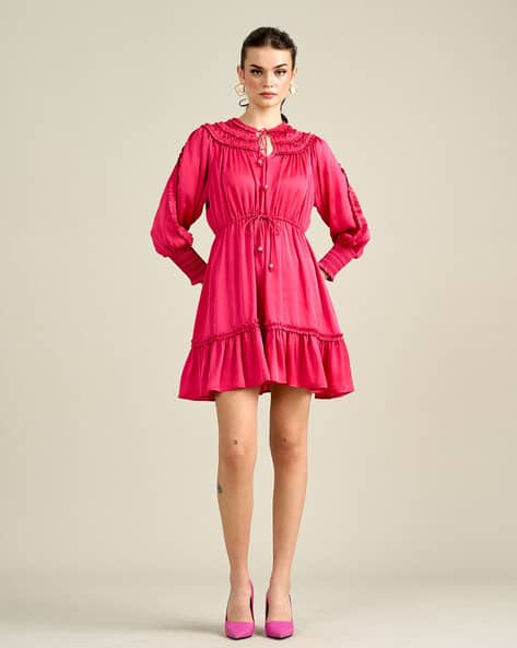 Women Tie-Up Dress with Ciffed Sleeves