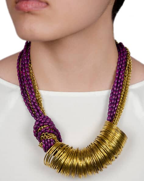 Spinning Around Violet Resin Beads Gold Ring Necklace