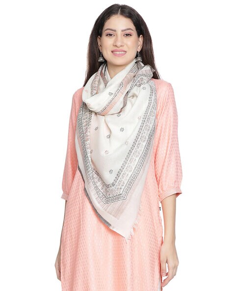 Women Floral Woven Stole with Frayed Hem Price in India