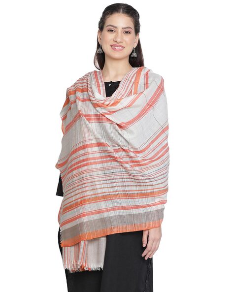Women Striped Shawl with Frayed Hem Price in India