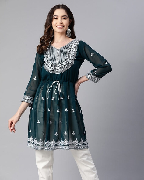 Women's Elegant midnight blue round neck straight cotton kurti for regular  & office wear Multi-coloured front & bottom embroidery