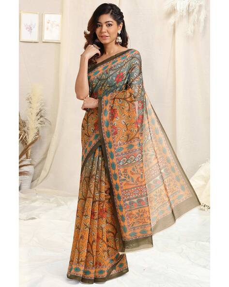 Shades Of Green Kalamkari Printed Soft Tussar Silk Saree with Patola P –  Ethnos