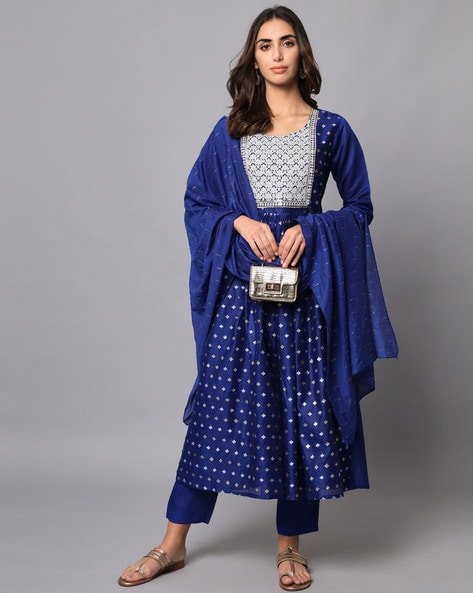 Women Embroidered Flared Kurta Set with Dupatta Price in India