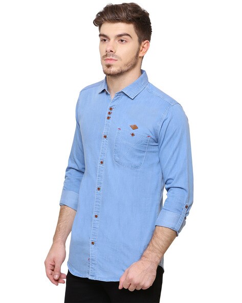 Buy Kuons Avenue Carbon Blue Colour-Block Denim Shirt for Men Online @ Tata  CLiQ