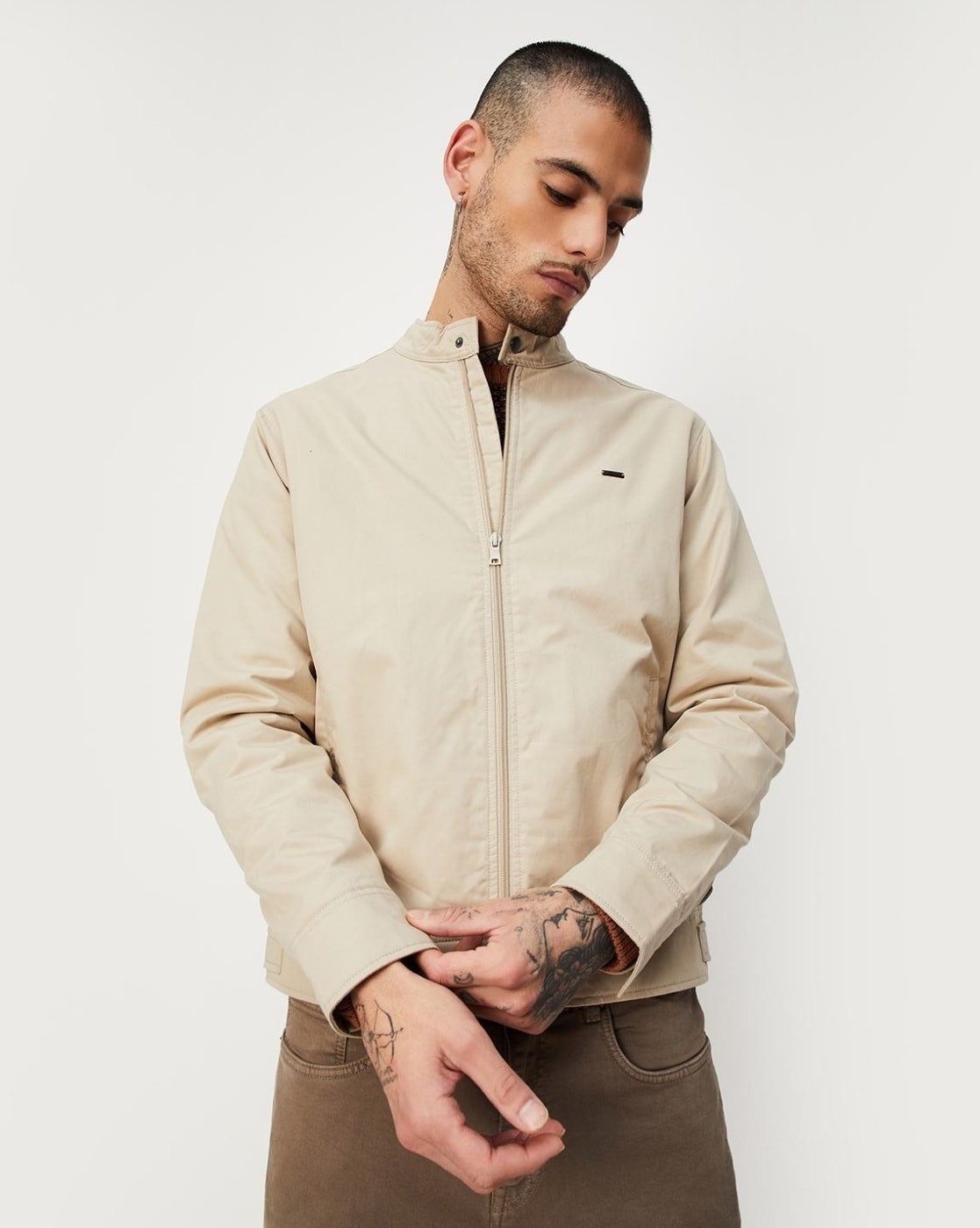 ASOS DESIGN oversized wool look bomber jacket with faux leather sleeves in  beige | ASOS