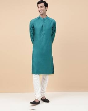 fabindia Men Embroidered Regular Fit Long Kurta with Band Collar-picture-13