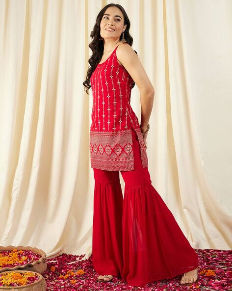 Georgette Sequence Sharara Suit In Red Colour - SM5680268