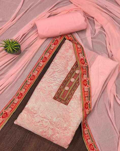 Silk Peach Dress Material With Floral Work Dupatta