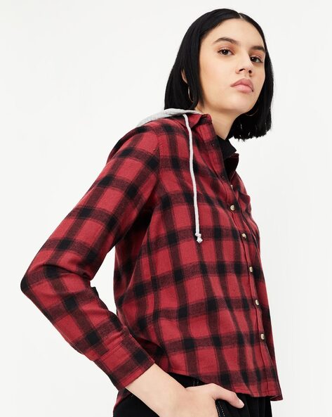 Women Checked Hooded Shirt with Drawstring