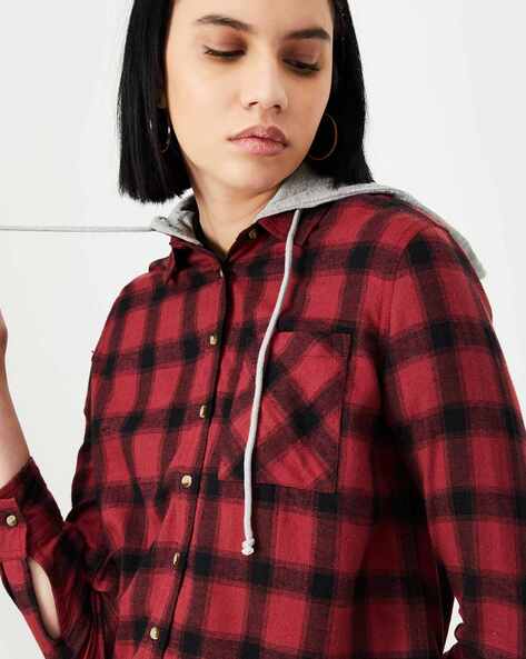 Women Checked Hooded Shirt with Drawstring