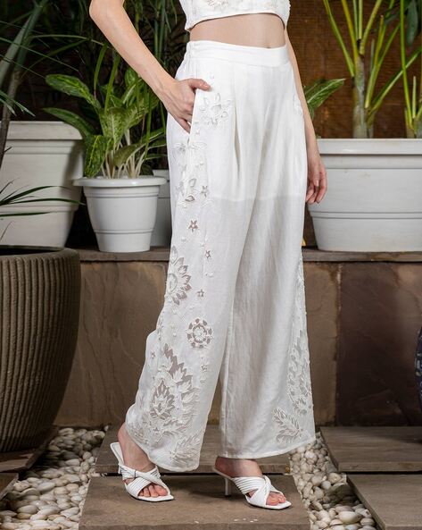 Amazon.com: Womens Wide Leg Boho Pants Trouser Floral Embroidered Palazzo  Pants High Waist Cotton Linen Yoga Beach Pants Summer Beige : Clothing,  Shoes & Jewelry