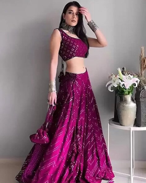 Pink Silk Fabric Crop Top Lehenga With Dupatta