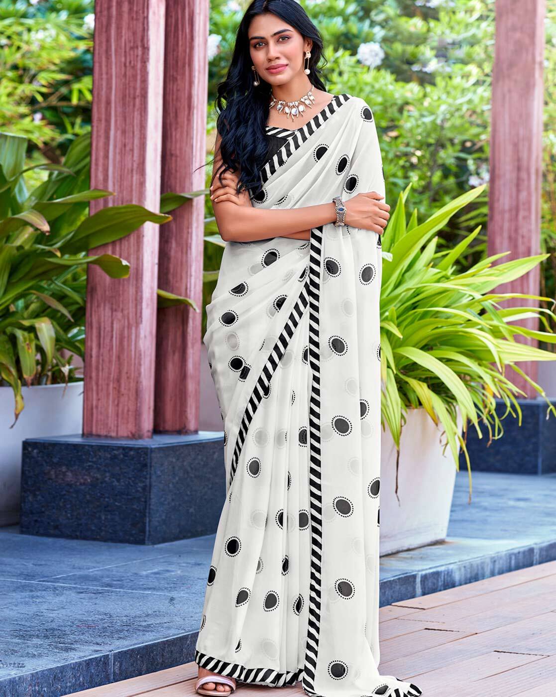 White-Black Georgette Polka Dot Saree – Shopaholics Choice